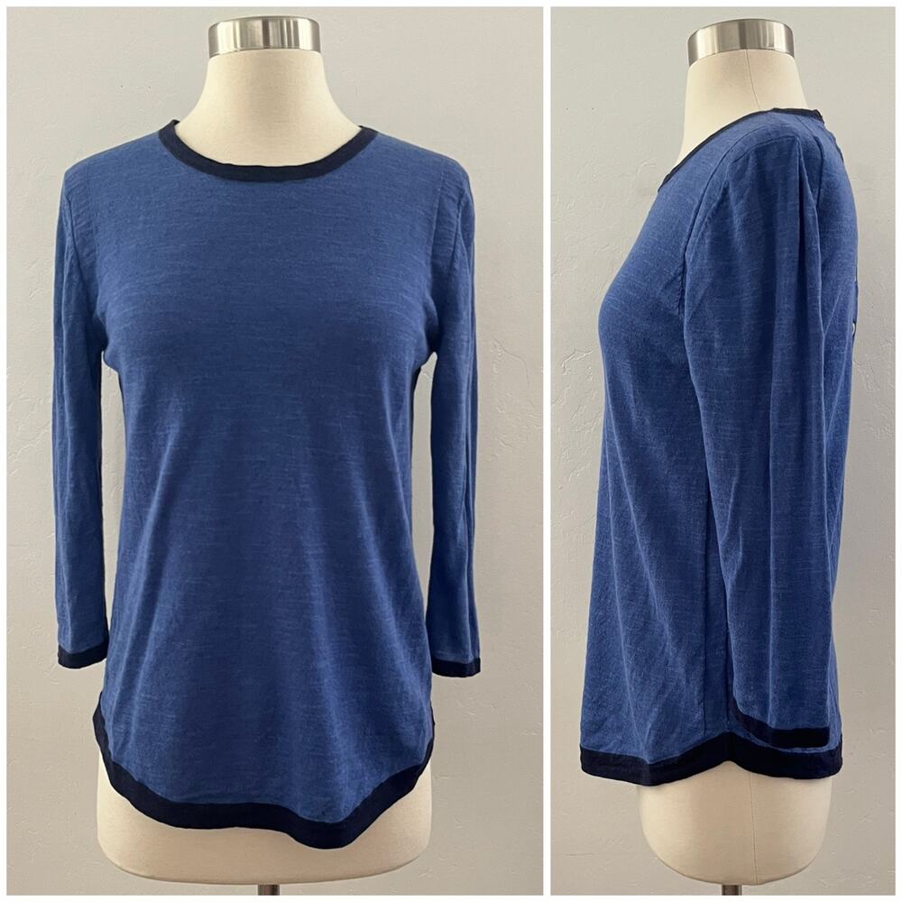 Jigsaw Top Medium Blue 3/4 Sleeves Shell Buttons Linen Cotton Minimalist Modest